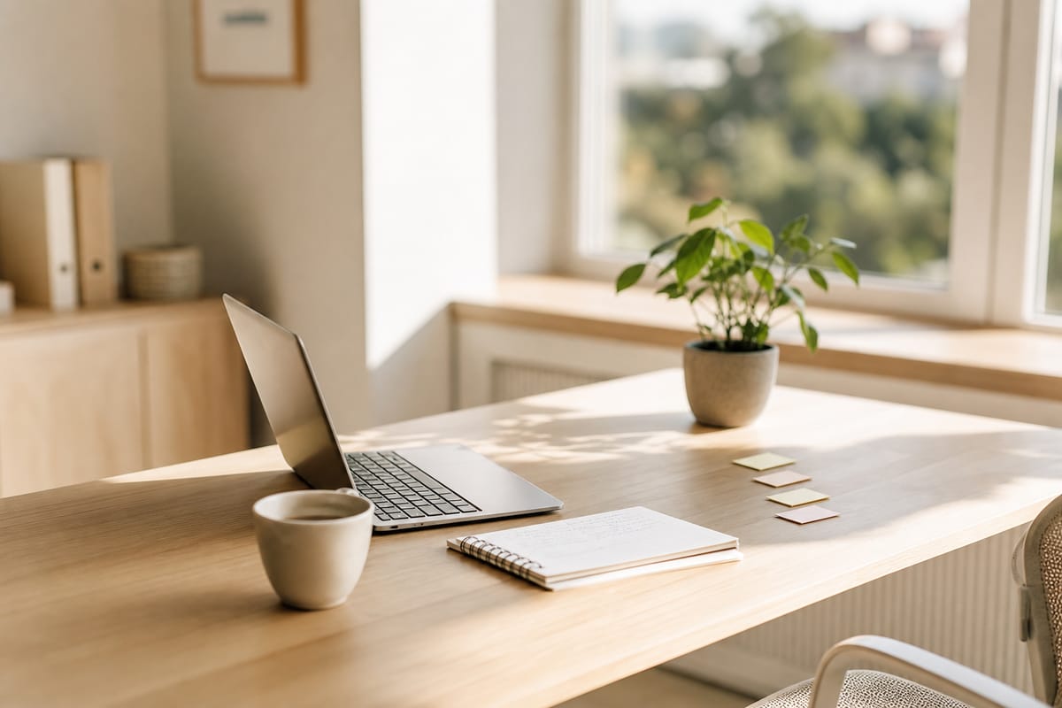 Espace de travail clair et ordonne, baigne de lumiere naturelle, avec un ordinateur portable, un carnet et des notes rangees