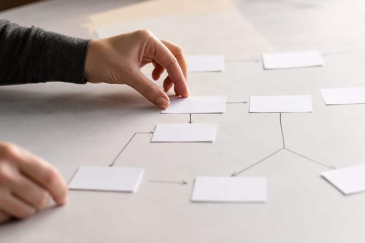 Des mains agencent des cartes reliees par des fleches pour construire pas a pas un flux de travail organise